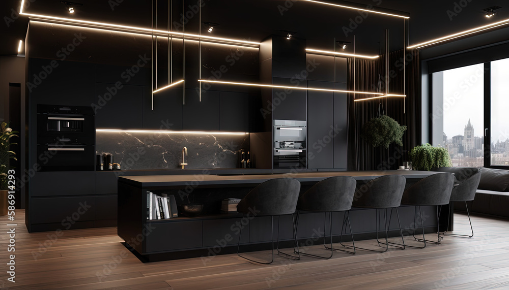 a large, ultra-modern apartment with a stylish, modern kitchen decorated in dark tones, cool led lighting, a cooking island, and a dining area. generative ai - obrazy, fototapety, plakaty 