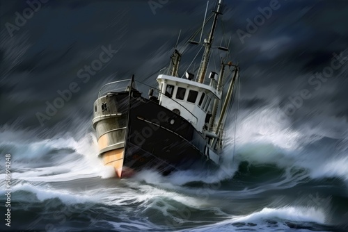 Fishing boat in storm rain. Sea fish ship. Generate Ai