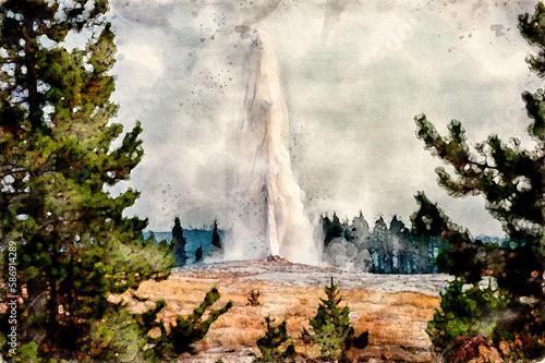 Fotografija Digitally created watercolor painting of Old Faithful framed by pine trees, smok