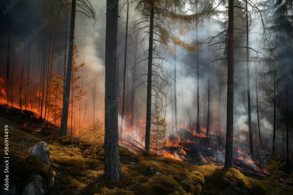 Nature fire forest. Danger smoke disaster. Generate Ai