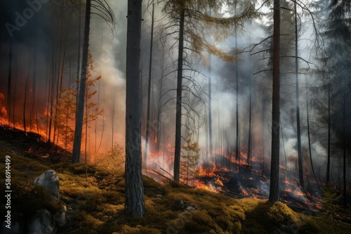 Nature fire forest. Danger smoke disaster. Generate Ai