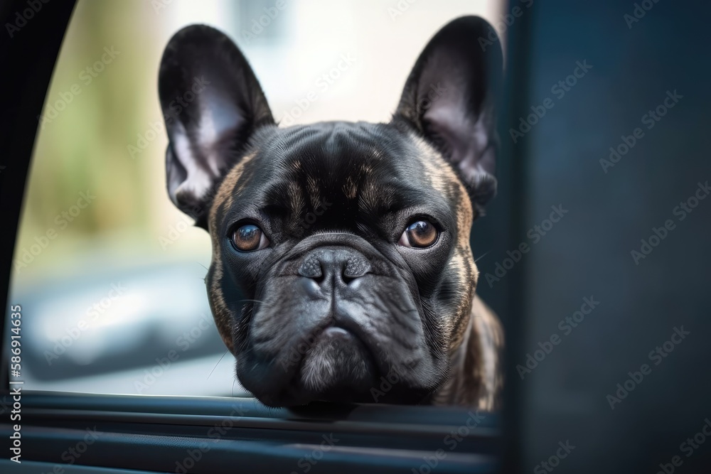 lovely brindle French bulldog with apprehensive expression peering out of car window, traveling with dog concept. Generative AI