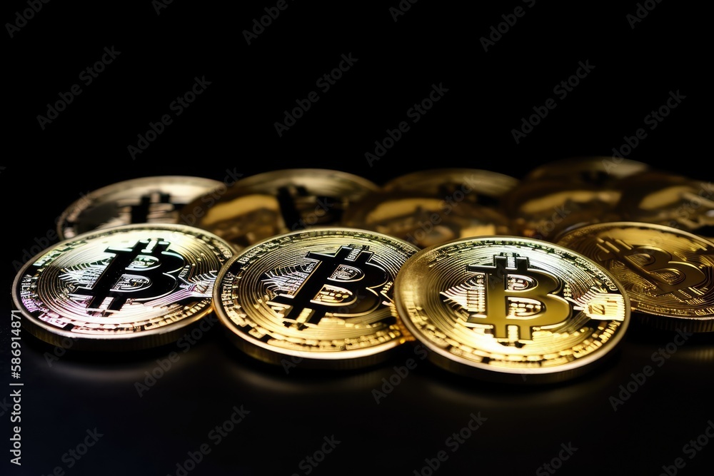 Golden Bitcoins in a photo (new virtual money ). Generative AI Golden Bitcoins in a photo (new virtual money ). Generative AI