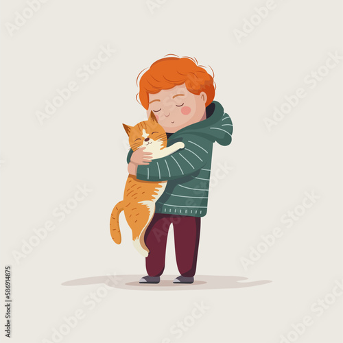 The ginger boy lovingly hugs his ginger cat.. Animal shelters and pet adoption concept. Vector illustration