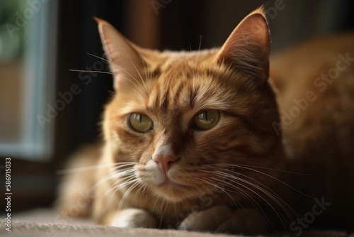 An adorable ginger cat lying about in close up. Generative AI © AkuAku