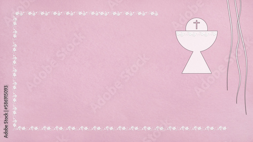 First communion pink reminder with flowery frame and chalice