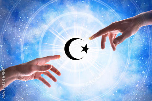 Принти на полотні Hands pointing islamic symbol with blue universe background