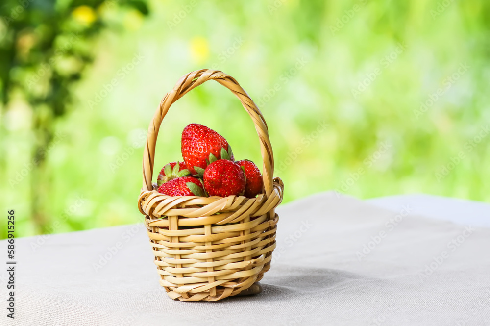 Fresh ripe strawberries in wicker basket outdoors. Fresh ripe strawberries in wicker basket outdoors.