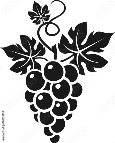Bunch of grapes with leaves. Vector black silhouette of grapes isolated on a white background