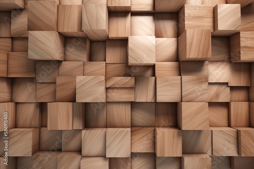 3D wooden tiles forming a natural, textured wall with square blocks in a unique pattern. generative ai photo