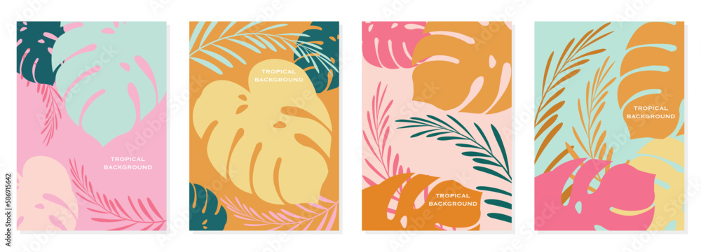 Vector flat illustration set. Summer style. Bright abstract tropical backgrounds. Perfect as banners, posters, cover design templates, social media story wallpapers.