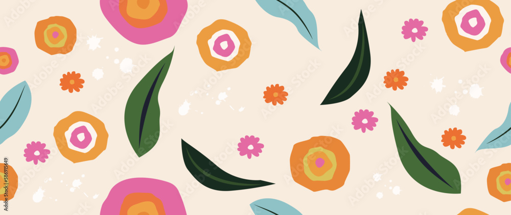 Vector illustration seamless. Cute colored flowers with leaves and bright abstract circles. Modern spring pattern. Perfect for screensaver, poster, card, invitation or home decor.