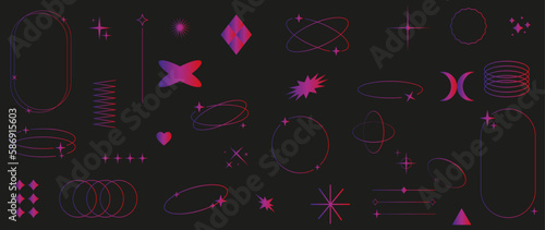 Vector icons on a black background. A collection of abstract shapes in a bright gradient. y2k style. Elements for designing notes, posters, stickers, logos, business cards.