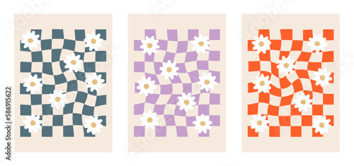 Vector illustration. Set of Y2k backgrounds. Cool simple geometric posters with flowers. Set of checkerboard backgrounds in pastel colors. Suitable as a palette for printing patterns or textiles.