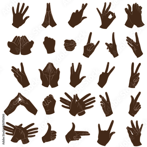 Vector illustration of various African American hand gestures, movements, isolated on a white background, drawn