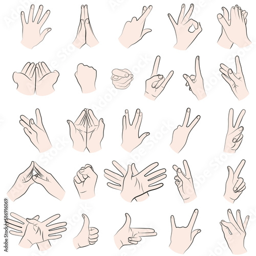 Vector illustration of various hand gestures, movements, isolated on a white background, drawn
