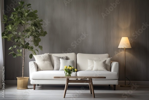 Living room decor including a white fabric sofa  a floor lamp  and a lemon tree in a vase on a wooden coffee table. Generative AI