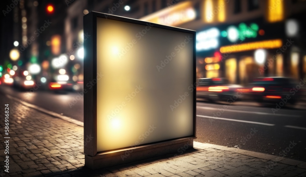 blank billboard mockup for advertising in the city, night view, bokeh effect