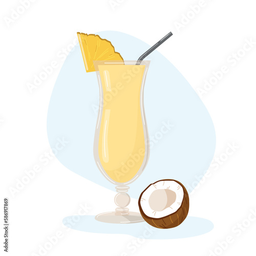Isolated alcohol cocktail pina colada with coconut and pineapple decor on light background. Vector in color in cartoon style for menu, flyers, restaurants, book, print 