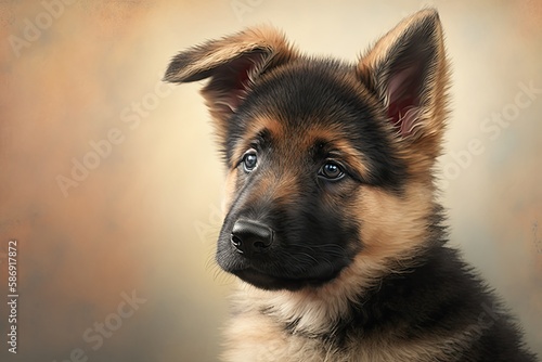 German shepherd puppy on a brown background, close-up generative dog portrait