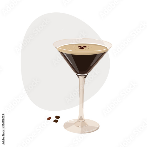isolated cocktail espresso martini in glass with coffee beans on white and blue background. Vector in color in cartoon style for menu, flyers, restaurants, book, print
