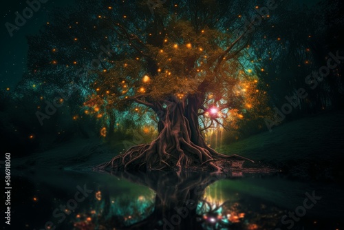 Magic tree forest. Magical night. Generate Ai