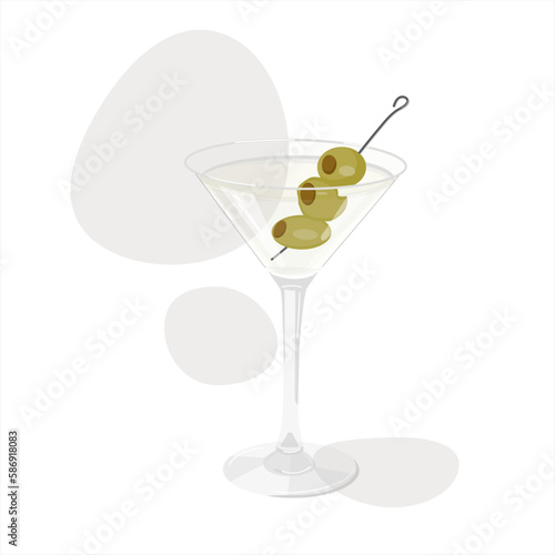 Cocktail martini with olives in glass on white background. Isolated vector beverage  in color in cartoon style for menu, flyers, restaurants, book, print