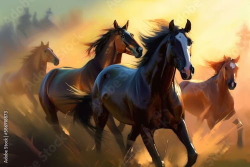 Running horses sunrise. Nature animal. Generate Ai