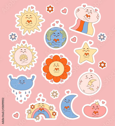 Groovy retro cartoon characters weather. Cute sun, moon, cloud, rainbow, flower power and planet earth with heart. Isolated vector illustrations. Collection funny stickers in trendy nostalgic style.