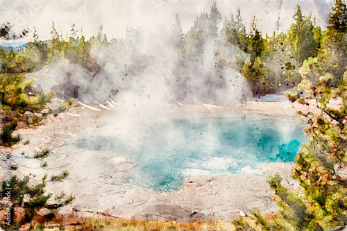 Digitally created watercolor painting of steam rising from a thermal spring by in Yellowstone National Park