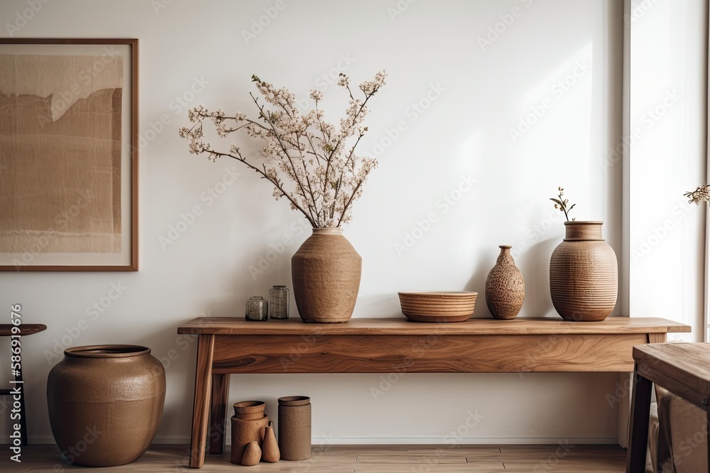 Living room with wabi sabi console, brown bottles, nuts, and copy space. Minimalism. Template. Generative AI Living room with wabi sabi console, brown bottles, nuts, and copy space. Minimalism. Template. Generative AI