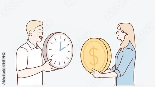 exchanging time for money and getting salary for work. Man with clocks and woman holding dollar coin to pay for job. Hand drawn style vector design illustrations.