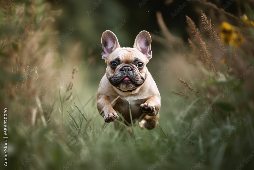 A cute tiny French bulldog is dashing through tall grass. Generative AI