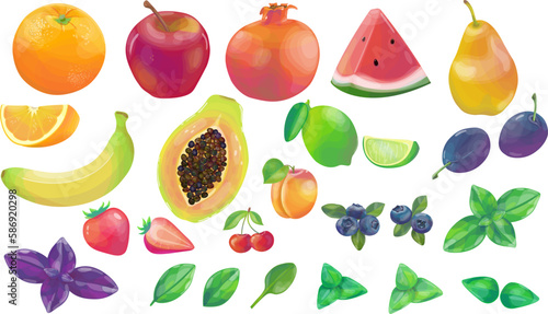 Bright fruits, berries, basil set