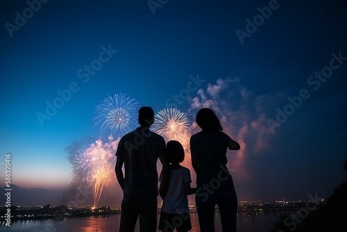 Silhouette of a happy family watching blue and red fireworks in the sky, celebrating Independence Day together. generative ai