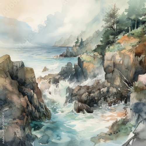 The Rocky Coastline Watercolor Generative Ai