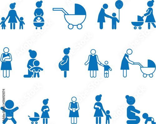 Motherhood icon set, 15 family icon set blue vector