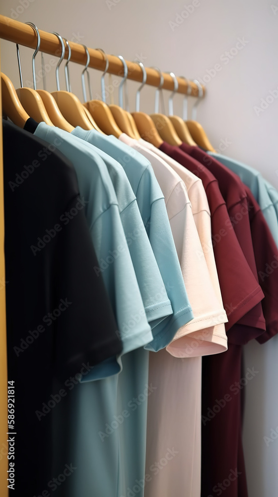 An assortment of short - sleeved t - shirts in different colors hang on a hanger forth and back. AI generated An assortment of short - sleeved t - shirts in different colors hang on a hanger forth and back. AI generated