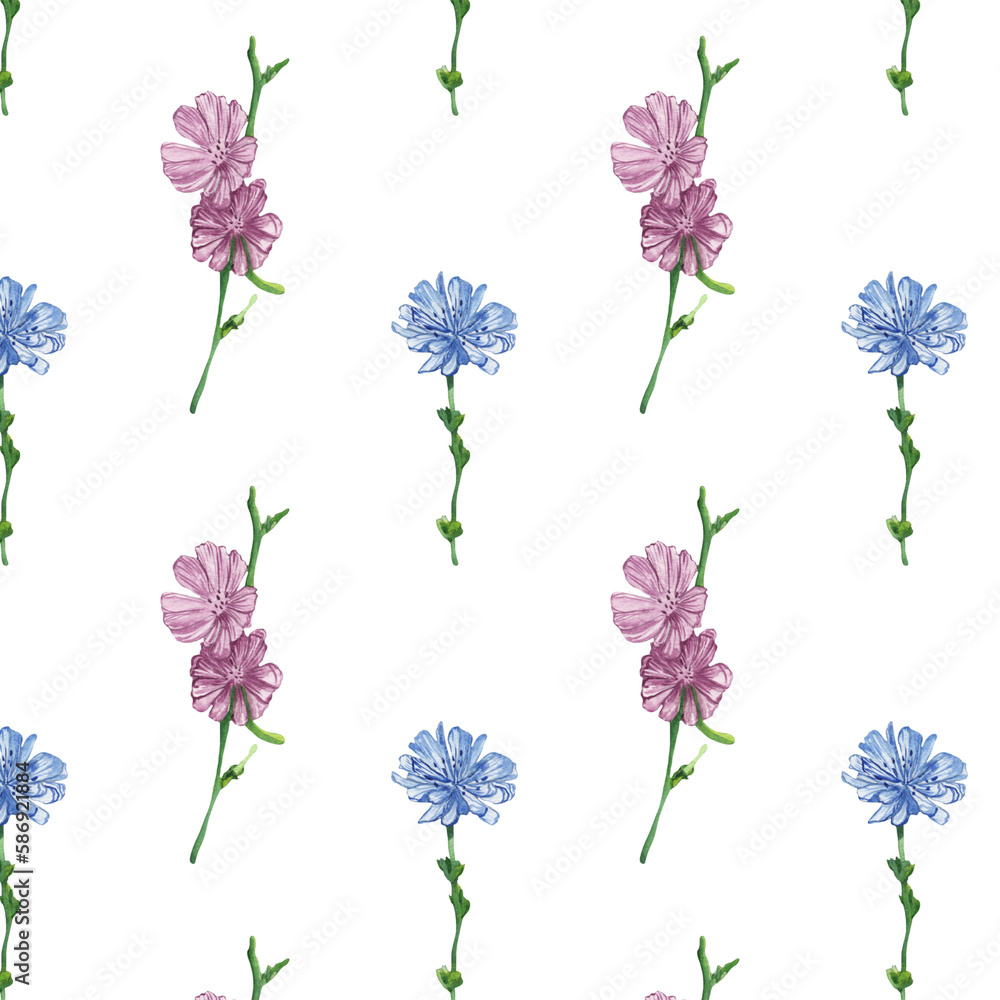 Floral pattern with blue and lilac flowers on a white background, hand painted in watercolor. Floral pattern with blue and lilac flowers on a white background, hand painted in watercolor.