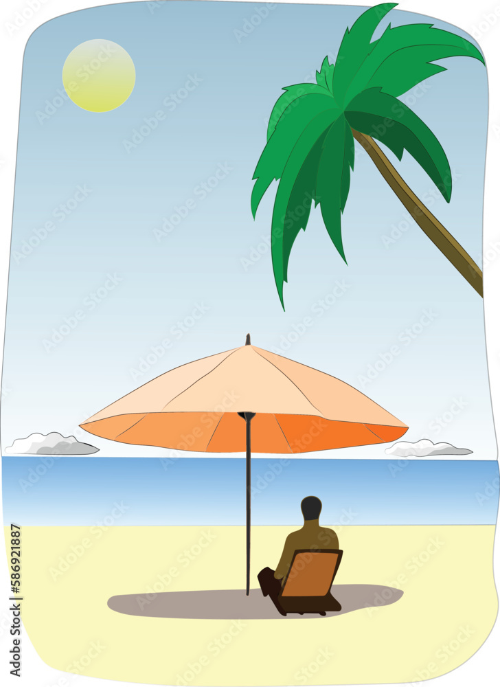 A man on the beach under a beach umbrella looks at the sea, a palm tree overhead, a sunny sky. Logo for a travel agency, company. Vector drawing