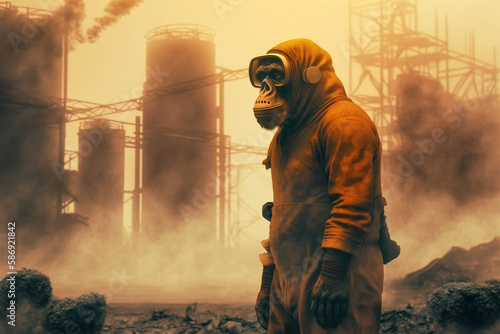 A monkey stands in front of chemicals above the factory. Generative AI. © Gassenee
