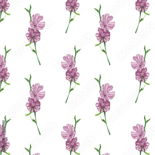 Floral pattern with lilac flowers on a white background, hand painted in watercolor.