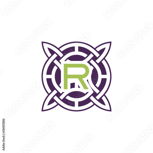 Initial letter R intersection pattern frame Celtic knot logo