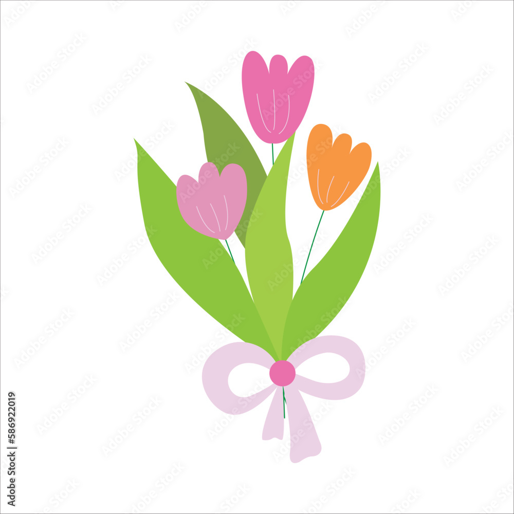 Vector bouquet of three tulips isolated on a white background.