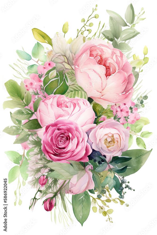 A pink and green posy bouquet in watercolor rendering. AI generated