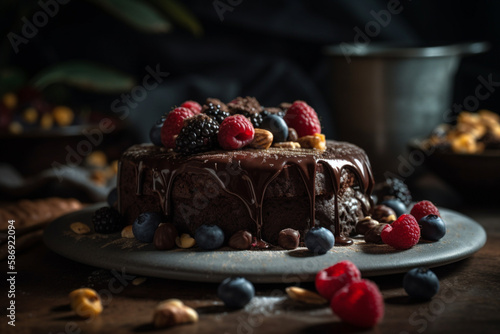 A chocolate cake with fruit on top