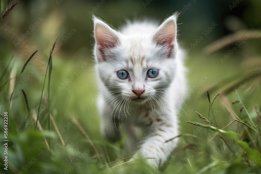 kitten running and rolling on grass. Generative AI