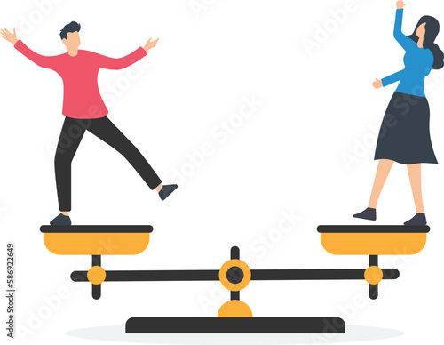 Gender equality, treat female and male equally, diversity or balance, fairness and justice concept, balancing on equal seesaw concept
