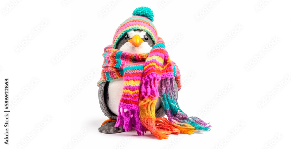 Penguin with wool winter hat and scarf. Isolated white. Generative AI