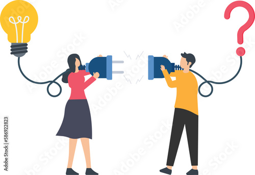 Solution solving problems, answers questions or creativity ideas, innovation help, business success, leadership to overcome difficulty,  connect question marks, lightbulb solutions concept
